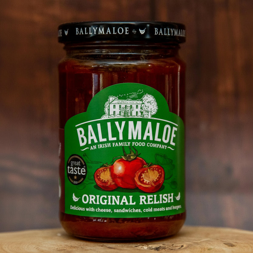 Jar of Ballymaloe Original Relish with a green label on a wooden surface.