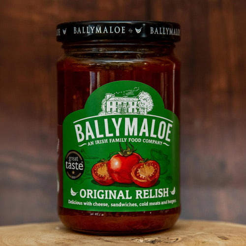 Jar of Ballymaloe Original Relish with a green label on a wooden surface.